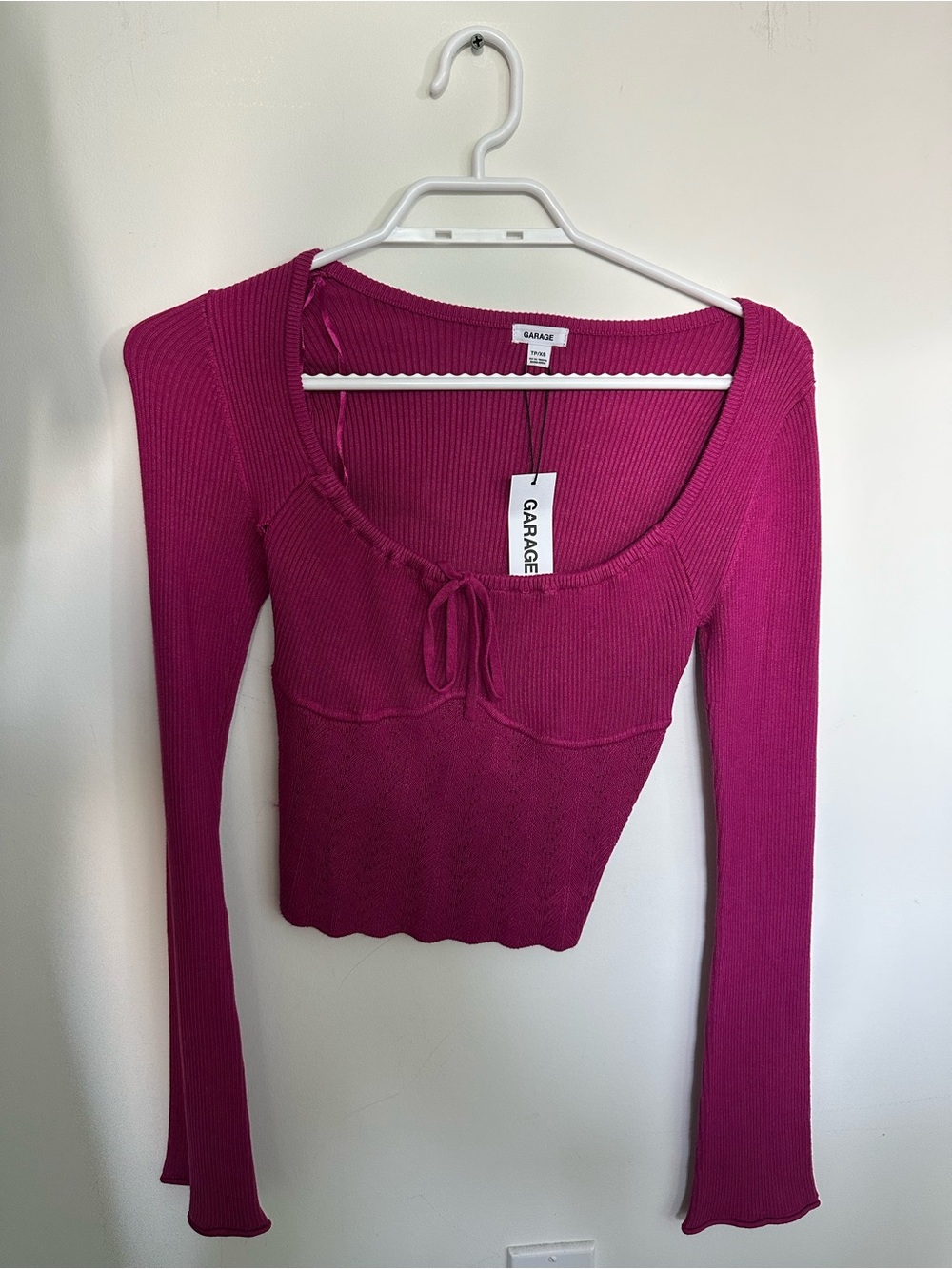 Garage Fuchsia Ribbed Long Sleeve Tie-Front Top